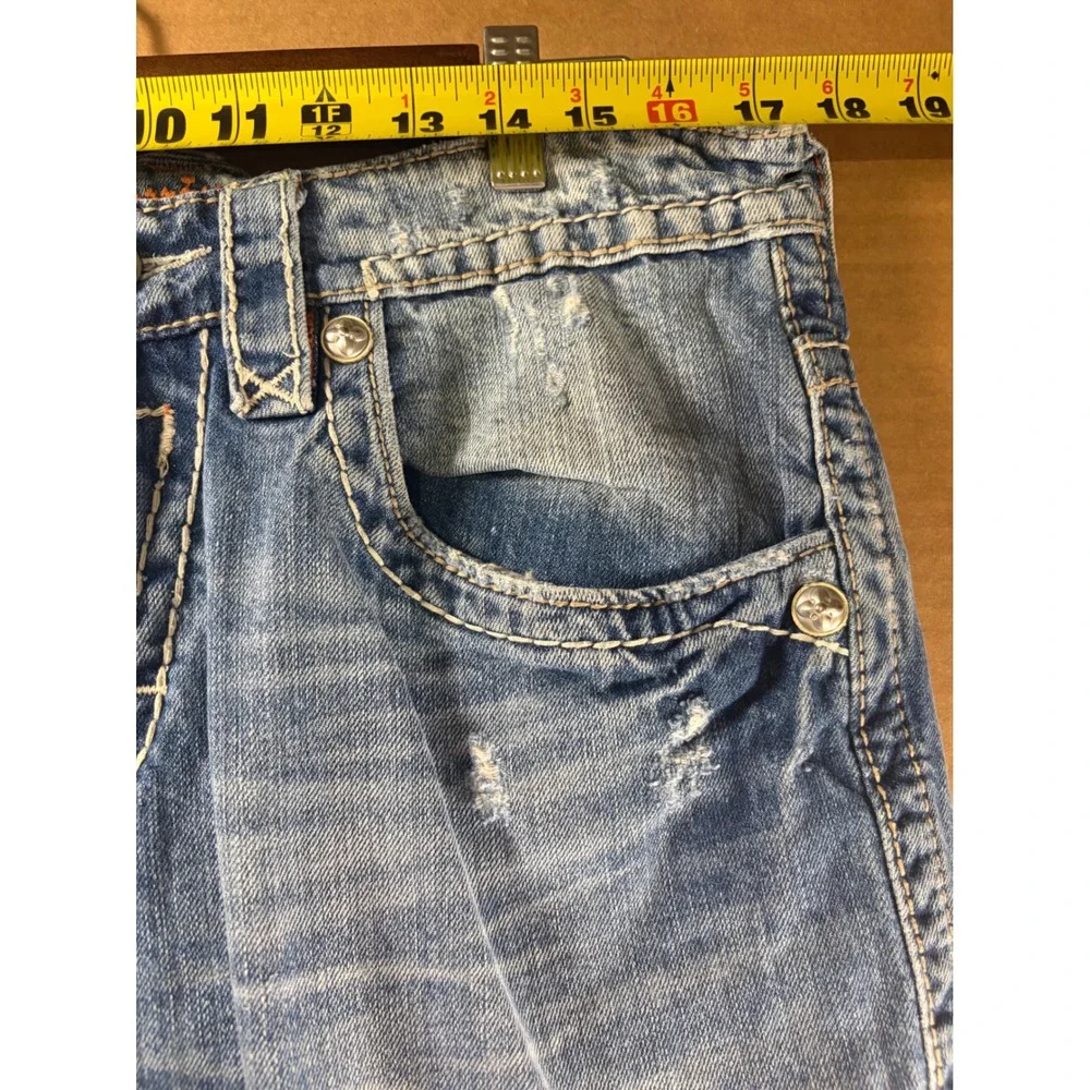 Rock Revival Richie Slim Straight Jeans Mens 34 Blue Distressed Thick Stitch